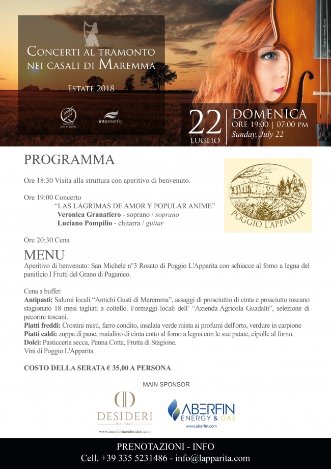 CONCERTI AL TRAMONTO CASALI DI MAREMMA 2018 - 22 LUGLIO POGGIO L